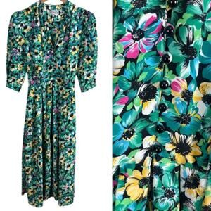 Vintage 80s Amandine Paris Floral Button Front Viscose Midi Dress (38) S XS